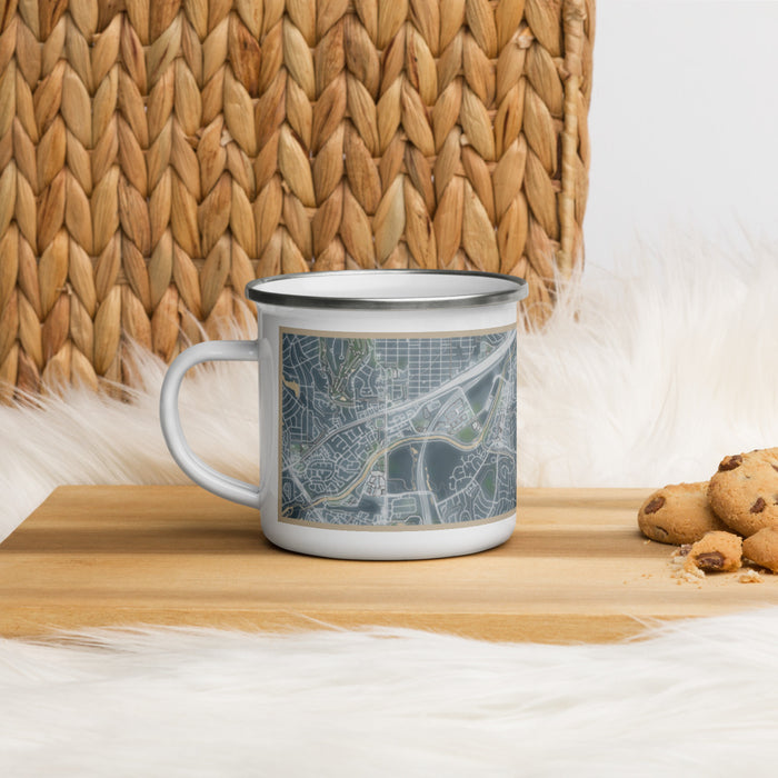 Left View Custom Tanglewood Fort Worth Map Enamel Mug in Afternoon on Table Top