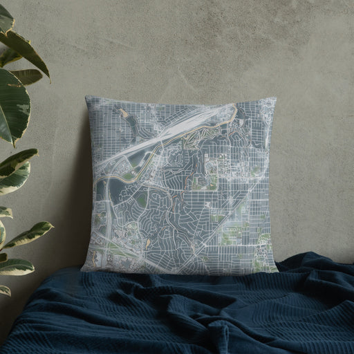 Custom Tanglewood Fort Worth Map Throw Pillow in Afternoon on Bedding Against Wall