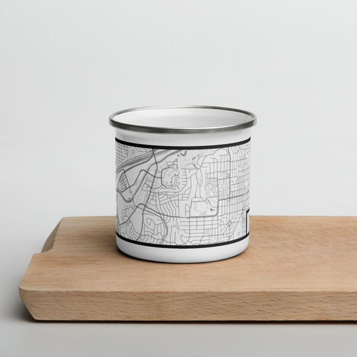 Front View Custom Tanglewood Fort Worth Map Enamel Mug in Classic on Cutting Board