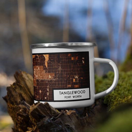Right View Custom Tanglewood Fort Worth Map Enamel Mug in Ember on Grass With Trees in Background