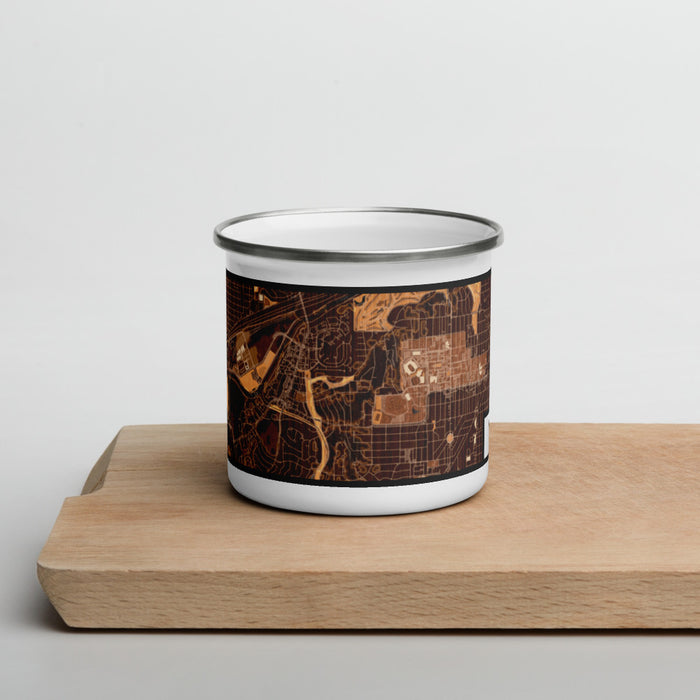 Front View Custom Tanglewood Fort Worth Map Enamel Mug in Ember on Cutting Board