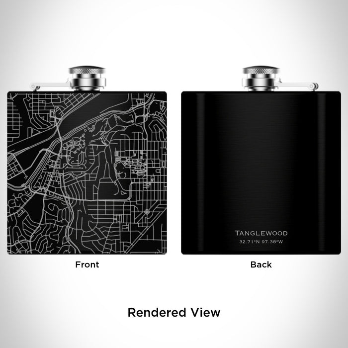 Rendered View of Tanglewood Fort Worth Map Engraving on 6oz Stainless Steel Flask in Black