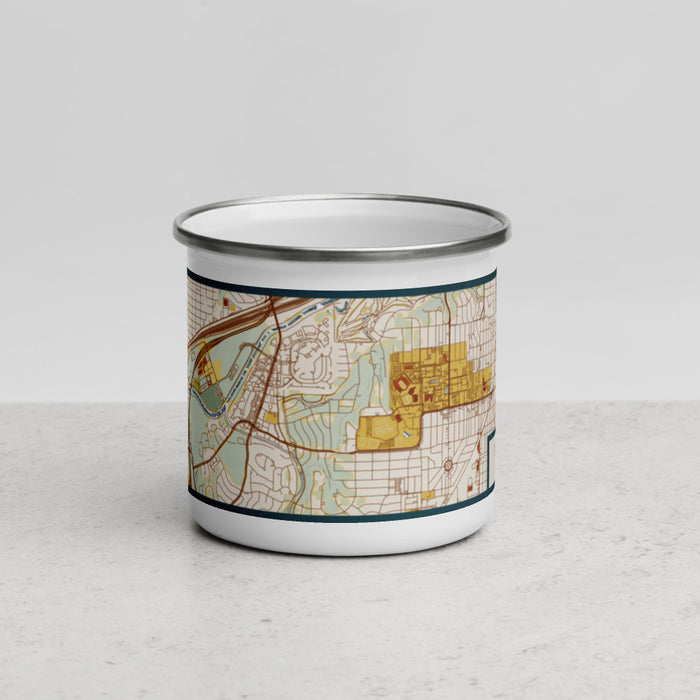 Front View Custom Tanglewood Fort Worth Map Enamel Mug in Woodblock