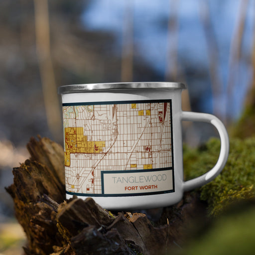 Right View Custom Tanglewood Fort Worth Map Enamel Mug in Woodblock on Grass With Trees in Background