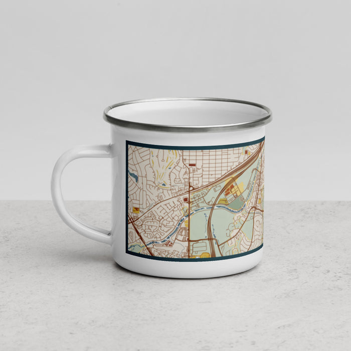 Left View Custom Tanglewood Fort Worth Map Enamel Mug in Woodblock