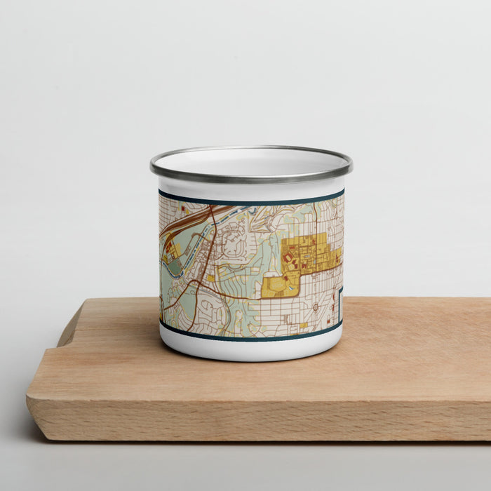 Front View Custom Tanglewood Fort Worth Map Enamel Mug in Woodblock on Cutting Board