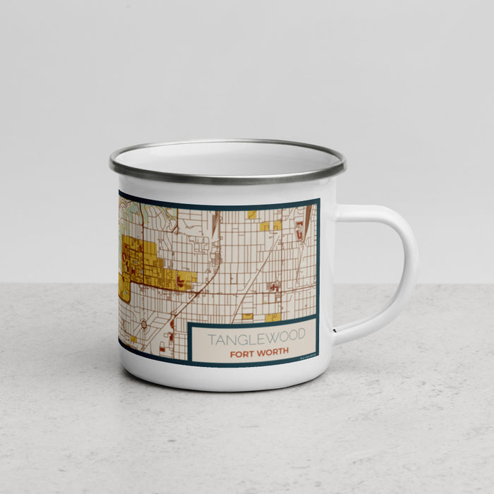 Right View Custom Tanglewood Fort Worth Map Enamel Mug in Woodblock