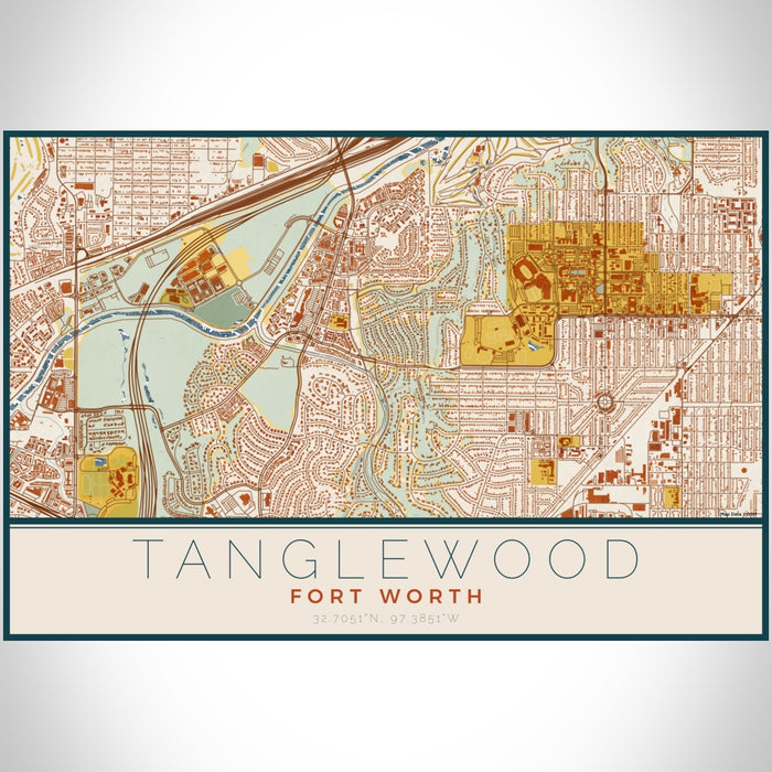 Tanglewood Fort Worth Map Print Landscape Orientation in Woodblock Style With Shaded Background