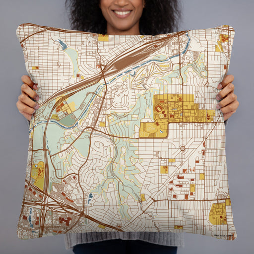 Person holding 22x22 Custom Tanglewood Fort Worth Map Throw Pillow in Woodblock