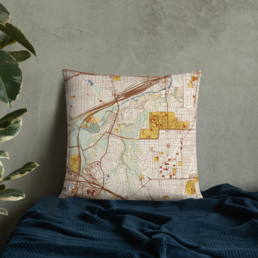 Custom Tanglewood Fort Worth Map Throw Pillow in Woodblock on Bedding Against Wall