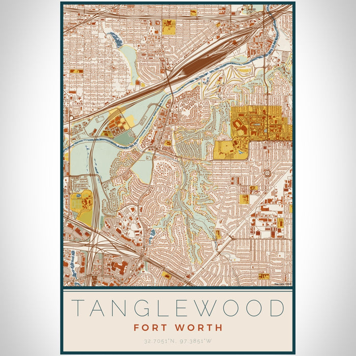 Tanglewood Fort Worth Map Print Portrait Orientation in Woodblock Style With Shaded Background