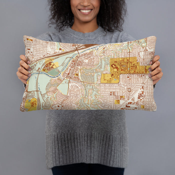 Person holding 20x12 Custom Tanglewood Fort Worth Map Throw Pillow in Woodblock