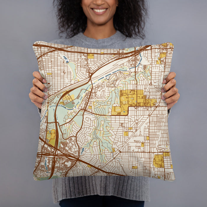 Person holding 18x18 Custom Tanglewood Fort Worth Map Throw Pillow in Woodblock