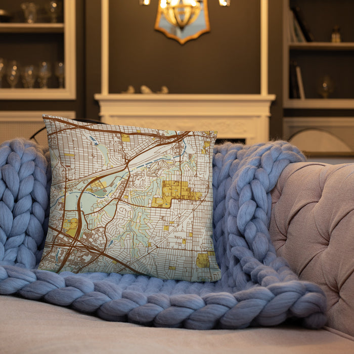 Custom Tanglewood Fort Worth Map Throw Pillow in Woodblock on Cream Colored Couch