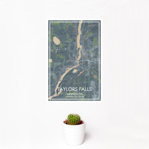 12x18 Taylors Falls Minnesota Map Print Portrait Orientation in Afternoon Style With Small Cactus Plant in White Planter