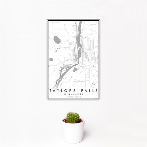 12x18 Taylors Falls Minnesota Map Print Portrait Orientation in Classic Style With Small Cactus Plant in White Planter