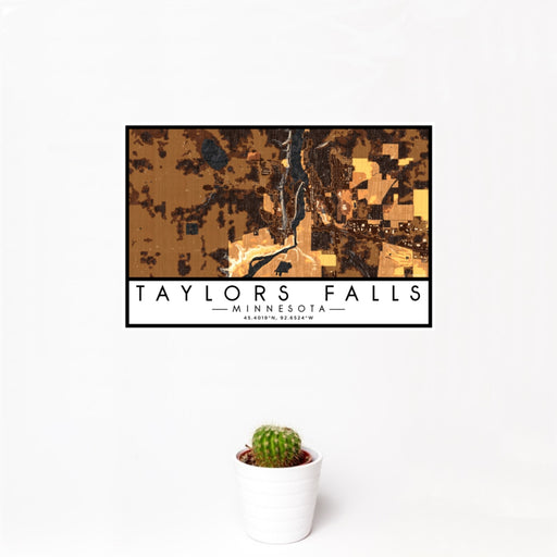 12x18 Taylors Falls Minnesota Map Print Landscape Orientation in Ember Style With Small Cactus Plant in White Planter