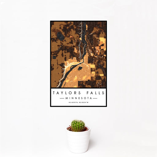 12x18 Taylors Falls Minnesota Map Print Portrait Orientation in Ember Style With Small Cactus Plant in White Planter