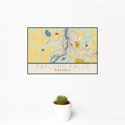 12x18 Taylors Falls Minnesota Map Print Landscape Orientation in Woodblock Style With Small Cactus Plant in White Planter