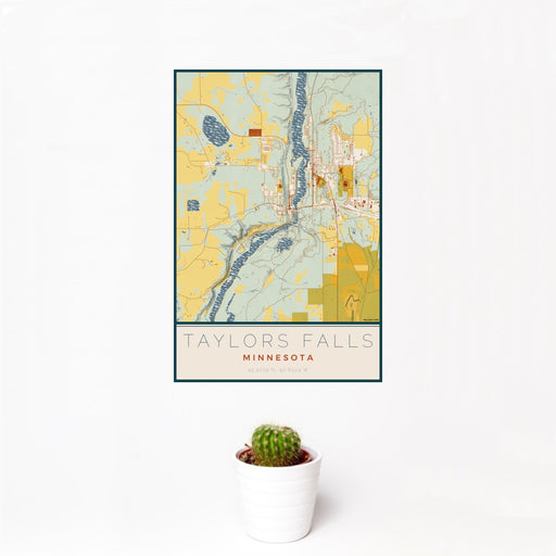 12x18 Taylors Falls Minnesota Map Print Portrait Orientation in Woodblock Style With Small Cactus Plant in White Planter