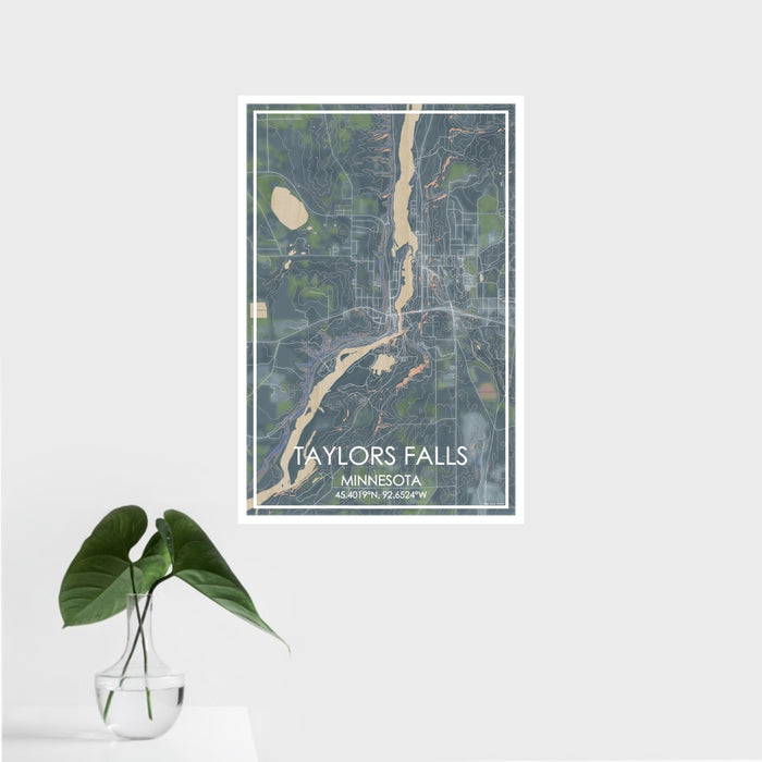 16x24 Taylors Falls Minnesota Map Print Portrait Orientation in Afternoon Style With Tropical Plant Leaves in Water