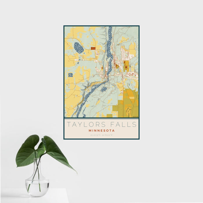 16x24 Taylors Falls Minnesota Map Print Portrait Orientation in Woodblock Style With Tropical Plant Leaves in Water