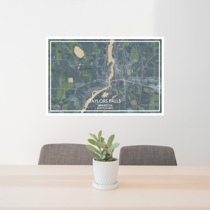 24x36 Taylors Falls Minnesota Map Print Lanscape Orientation in Afternoon Style Behind 2 Chairs Table and Potted Plant