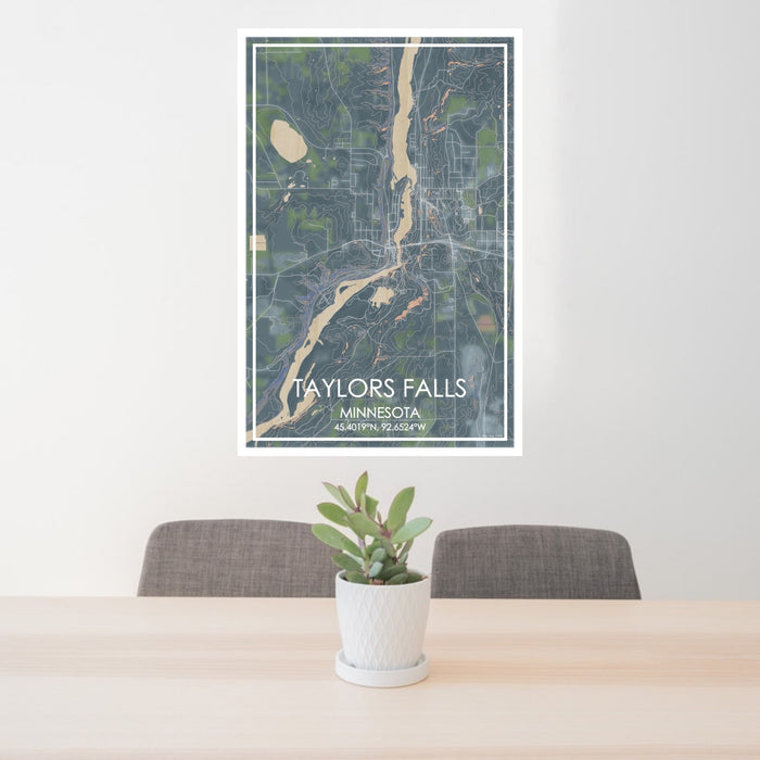 24x36 Taylors Falls Minnesota Map Print Portrait Orientation in Afternoon Style Behind 2 Chairs Table and Potted Plant