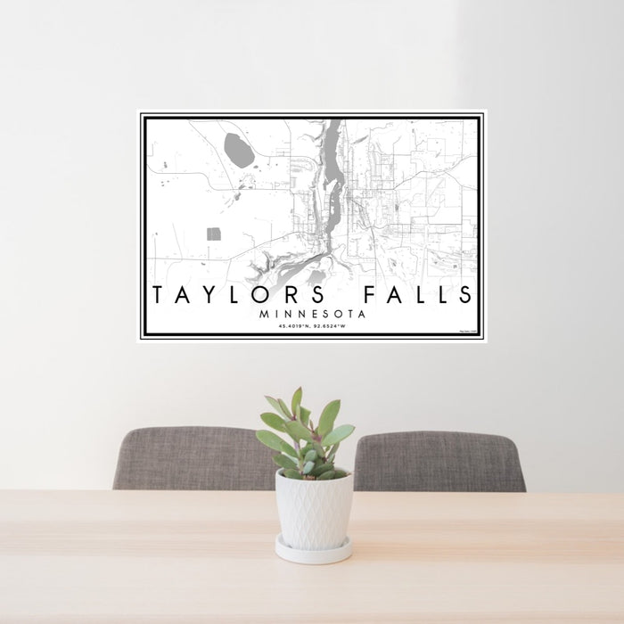 24x36 Taylors Falls Minnesota Map Print Lanscape Orientation in Classic Style Behind 2 Chairs Table and Potted Plant