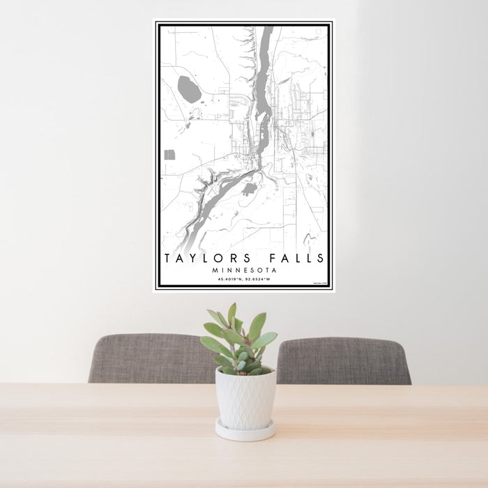 24x36 Taylors Falls Minnesota Map Print Portrait Orientation in Classic Style Behind 2 Chairs Table and Potted Plant