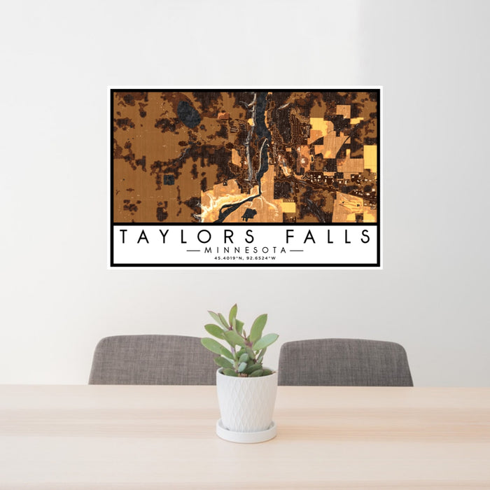 24x36 Taylors Falls Minnesota Map Print Lanscape Orientation in Ember Style Behind 2 Chairs Table and Potted Plant