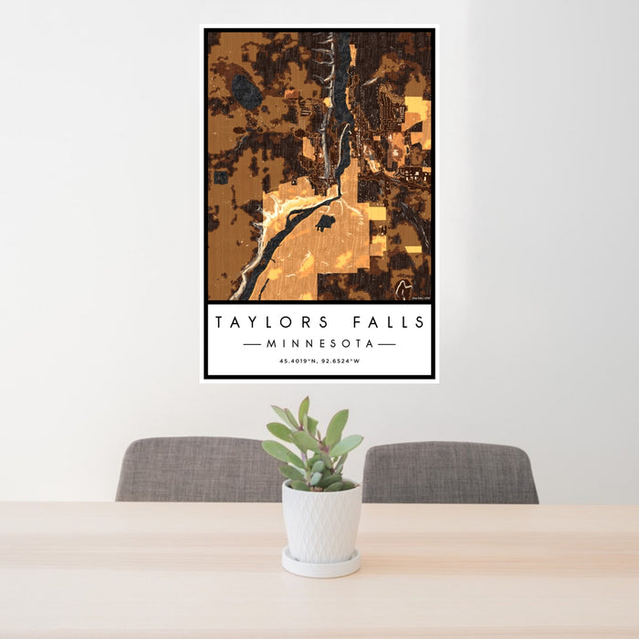 24x36 Taylors Falls Minnesota Map Print Portrait Orientation in Ember Style Behind 2 Chairs Table and Potted Plant