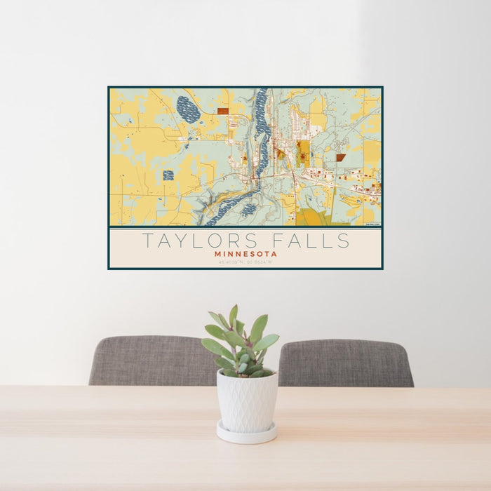 24x36 Taylors Falls Minnesota Map Print Lanscape Orientation in Woodblock Style Behind 2 Chairs Table and Potted Plant