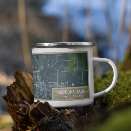 Right View Custom Taylors Falls Minnesota Map Enamel Mug in Afternoon on Grass With Trees in Background