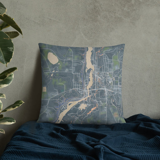 Custom Taylors Falls Minnesota Map Throw Pillow in Afternoon on Bedding Against Wall