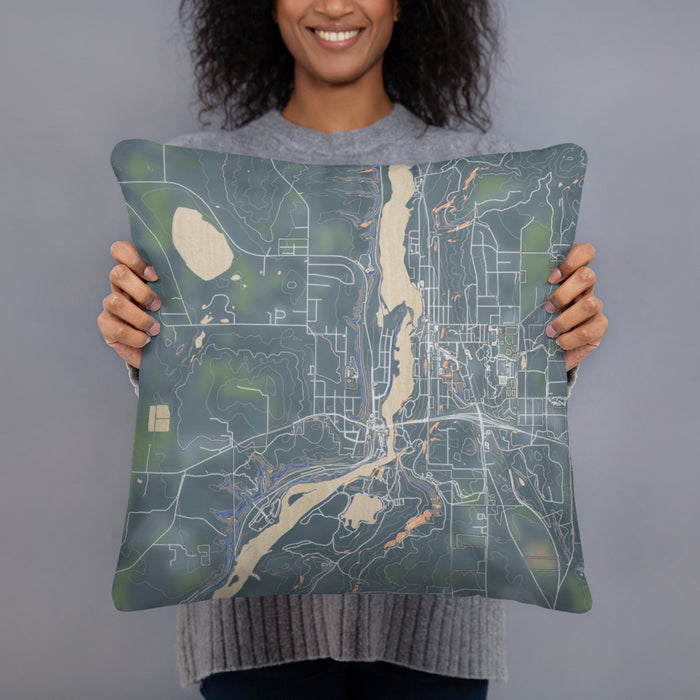 Person holding 18x18 Custom Taylors Falls Minnesota Map Throw Pillow in Afternoon