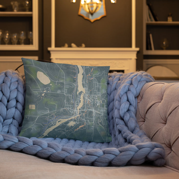 Custom Taylors Falls Minnesota Map Throw Pillow in Afternoon on Cream Colored Couch