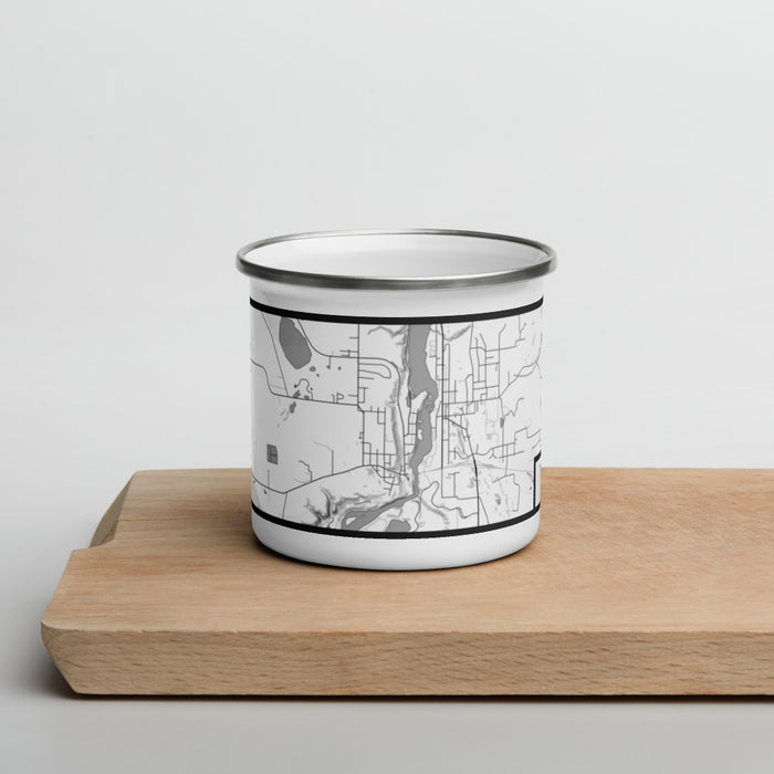 Front View Custom Taylors Falls Minnesota Map Enamel Mug in Classic on Cutting Board