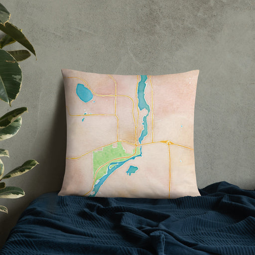 Custom Taylors Falls Minnesota Map Throw Pillow in Watercolor on Bedding Against Wall