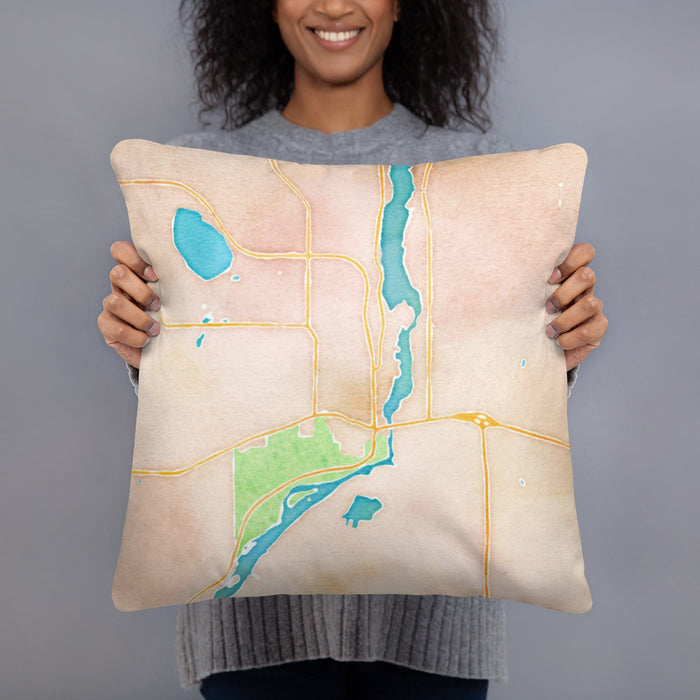 Person holding 18x18 Custom Taylors Falls Minnesota Map Throw Pillow in Watercolor
