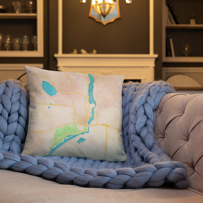 Custom Taylors Falls Minnesota Map Throw Pillow in Watercolor on Cream Colored Couch