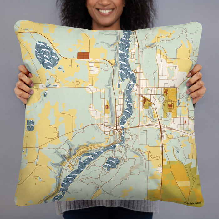 Person holding 22x22 Custom Taylors Falls Minnesota Map Throw Pillow in Woodblock