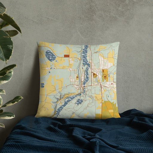 Custom Taylors Falls Minnesota Map Throw Pillow in Woodblock on Bedding Against Wall