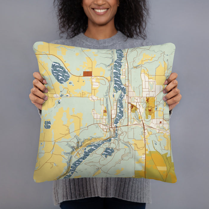 Person holding 18x18 Custom Taylors Falls Minnesota Map Throw Pillow in Woodblock