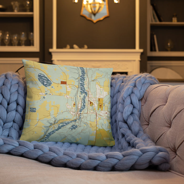 Custom Taylors Falls Minnesota Map Throw Pillow in Woodblock on Cream Colored Couch