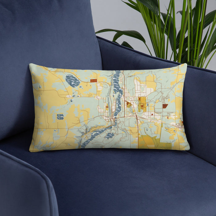 Custom Taylors Falls Minnesota Map Throw Pillow in Woodblock on Blue Colored Chair