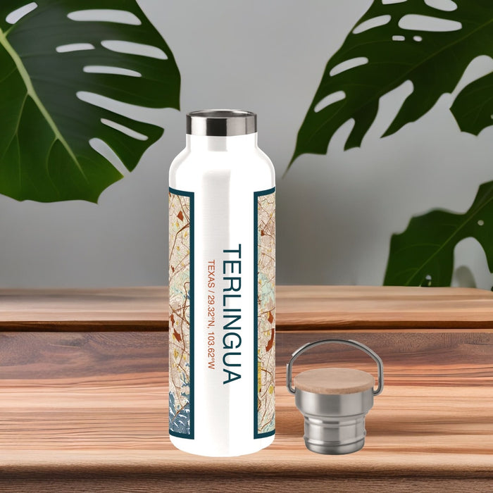 Terlingua Texas Custom City Map Inscription Coordinates on 20oz Stainless Steel Insulated Bottle with Bamboo Top with printed woodblock style map