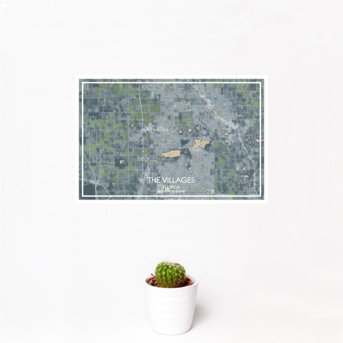 12x18 The Villages Florida Map Print Landscape Orientation in Afternoon Style With Small Cactus Plant in White Planter