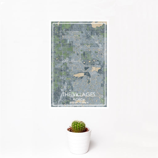 12x18 The Villages Florida Map Print Portrait Orientation in Afternoon Style With Small Cactus Plant in White Planter