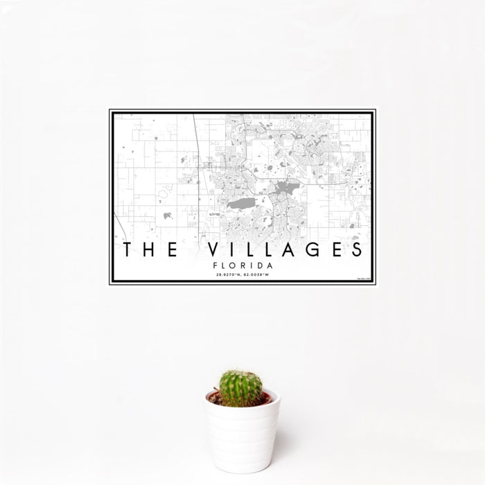 12x18 The Villages Florida Map Print Landscape Orientation in Classic Style With Small Cactus Plant in White Planter